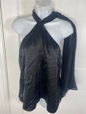 L'AGENCE NWT Rivera Black Silk Satin Cape-Effect Crepe De Chine Halter Top